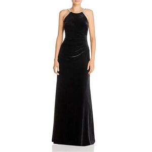 AQUA FORMAL Straps Lined in Rhinstones Full-Length Evening Gown Velvet Dress